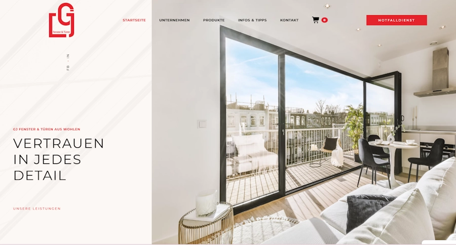 GJ Fenster und Türen Website mit Produkt-, Service- und Anfragebereichen